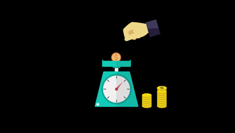 weight-scale-money-saving-concept-Time-is-money-animation-loop-motion-graphics-video-transparent-background-with-alpha-channel